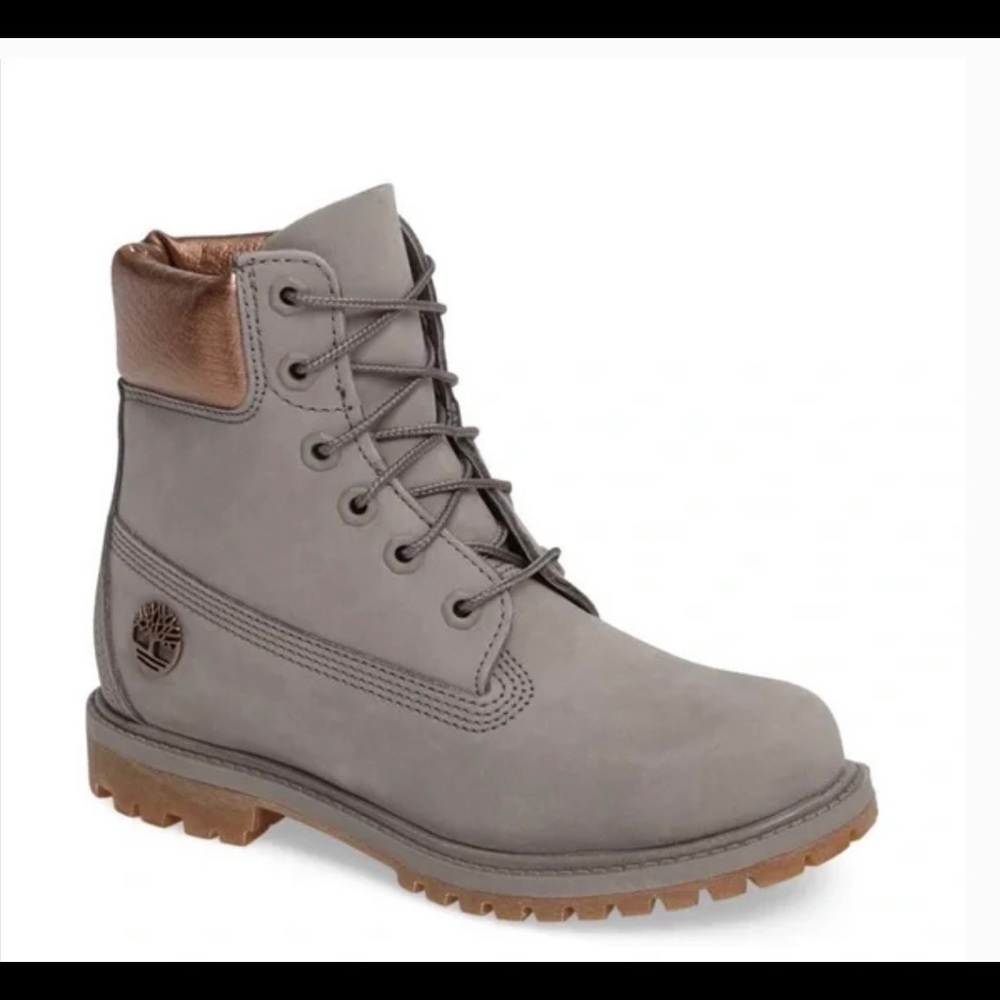 Grey timberland boots with metallic banding